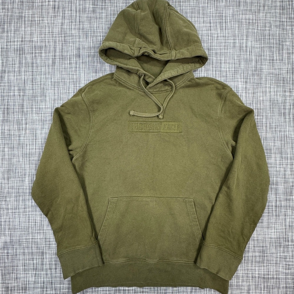 American Eagle Mens Hoodie Medium Olive Green Embroidered Logo Cotton Sweatshirt